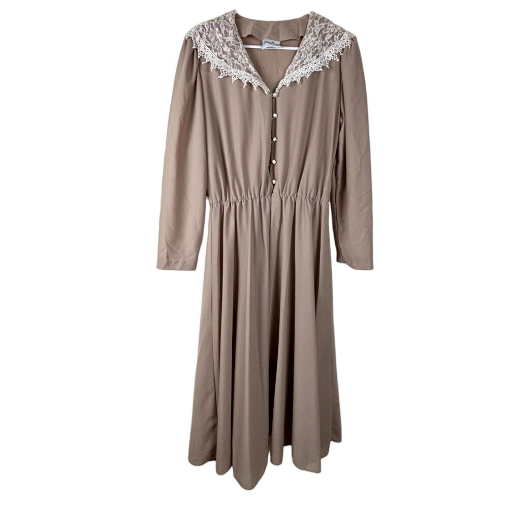 Lynn Davis Womens Brown Midi Dress Lace Trim Long Sleeve Belted Size 16 Vintage